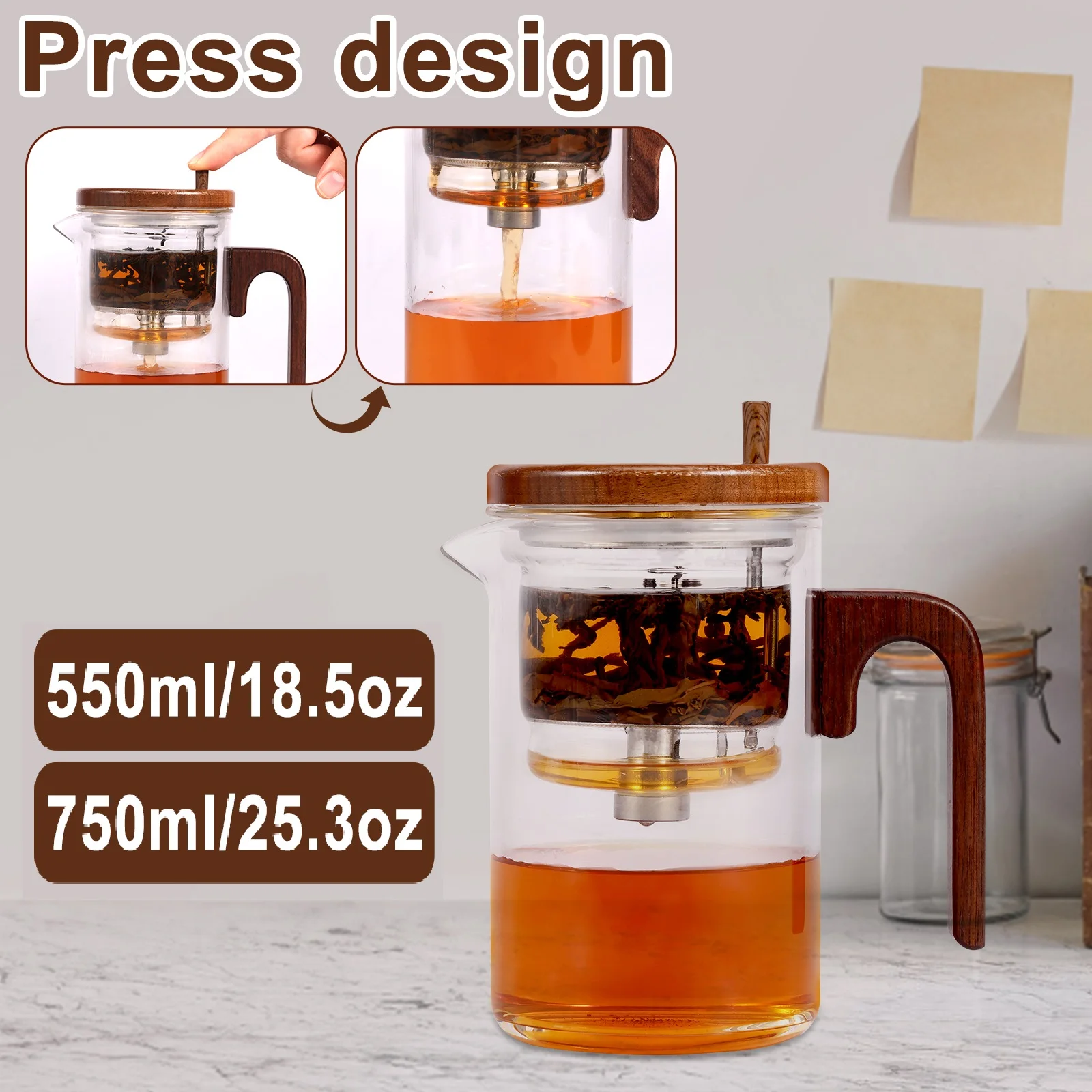 Glass Teapot with Strainer Innovative Water Separation Glass Teapot with Wood Handle Magnetic Filter Teapot Heat Resistant Glass