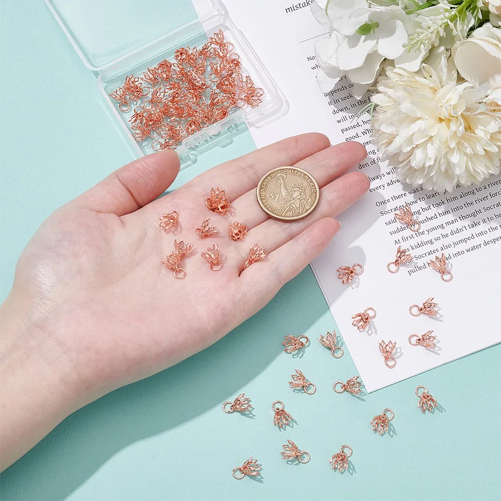 70Pcs Flower Rack Plating Brass Filigree Bead Cap Bails 7-Petal Rose Gold 8x8mm Hole: 3mm view 3