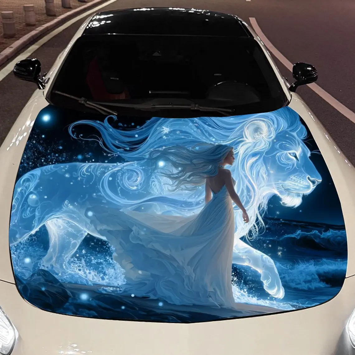 Phantom Blue Lion and Woman in White Car Vinyl Wrap, PVC Material Waterproof Car Hood Sticker, Self-Adhesive Scratch-Resistant S