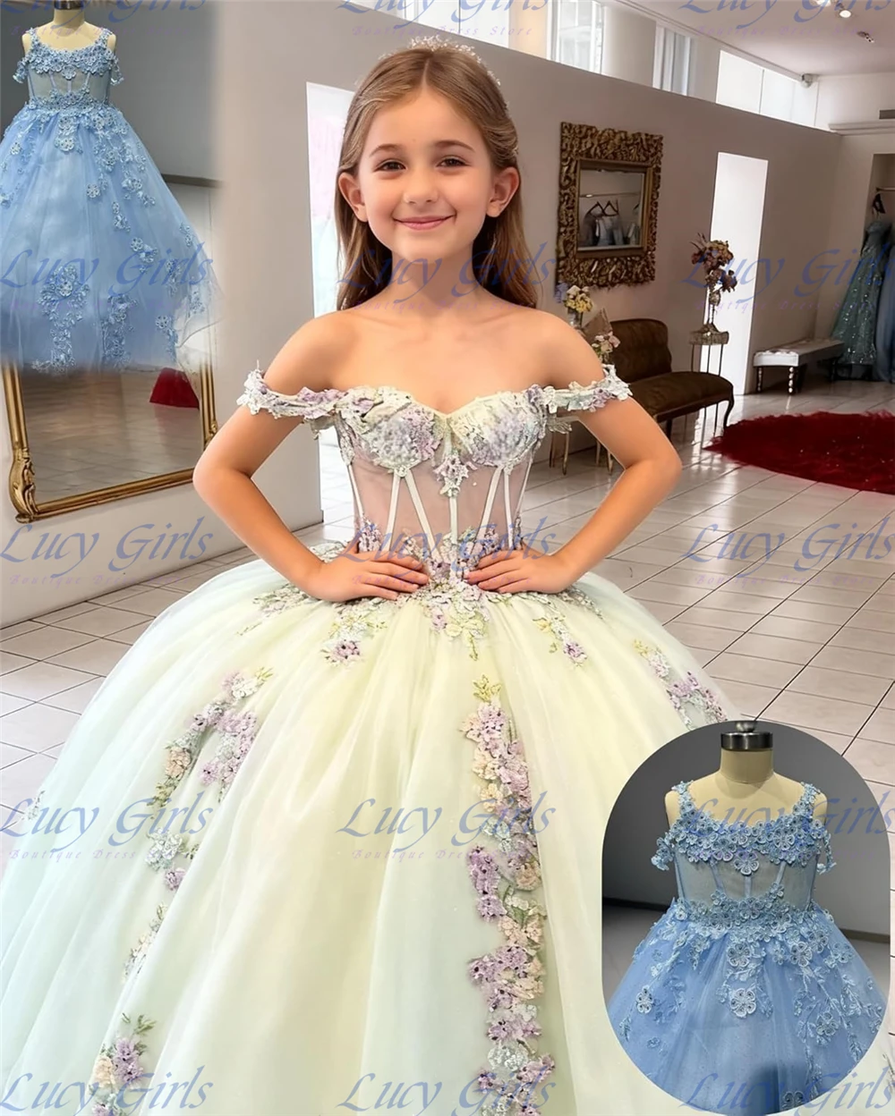Blumenmädchenkleid Hochwertige Spitzenapplikation Perlmuttfarbene 3D-Blumen Festkleider für Mädchen Schulterfreie Mädchen-Ballkleider mit Schleppe