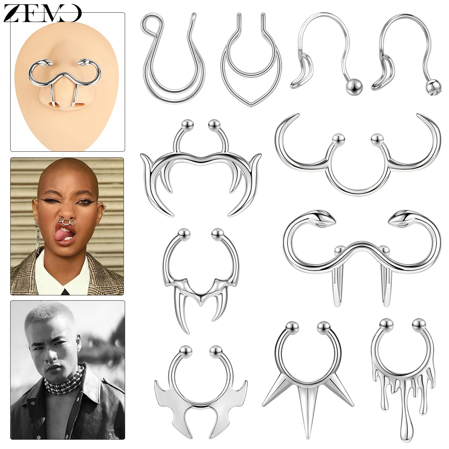 ZEMO 1-teiliger gefälschter Nasenring aus Edelstahl, Unisex, Punk, nicht durchbohrt, Septum-Piercing, Schlange, Fledermaus, Kegel, Ochsen-Faux-Nasenloch-Piercings