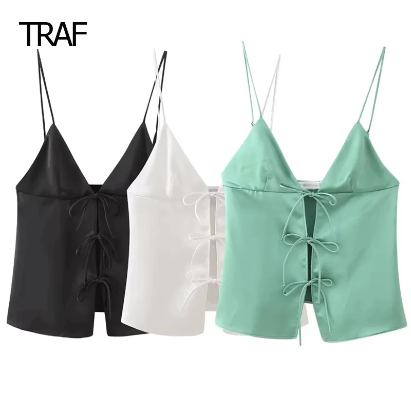 TRAF Bow Corset Top Women's Tube Top Spring Summer 2024 Satin Sleeveless Backless Slip Aesthetic Tops Elegant Luxury Designer