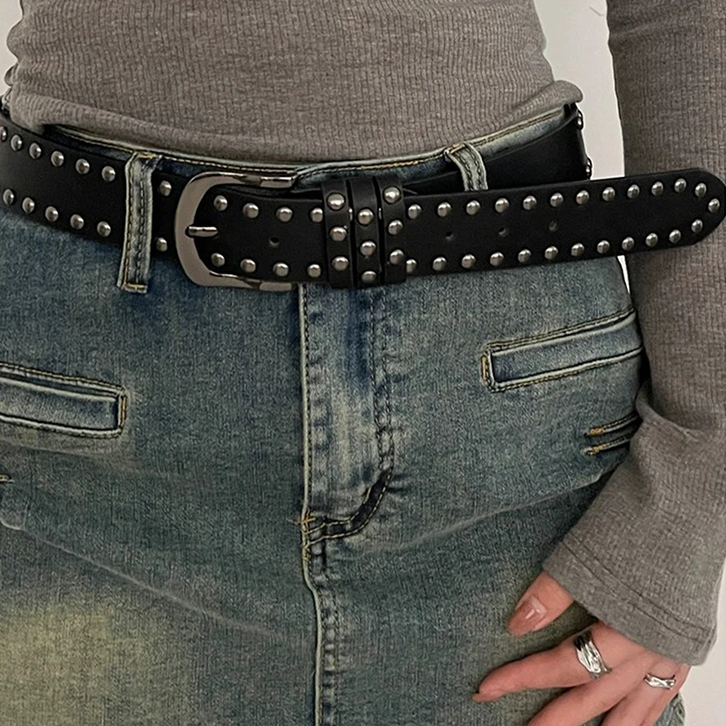 1PC Belt Women's Jeans Tie-In Ladies' Belt Daily Brown Texture Niche Pin Buckle Belt Personality Rivet Belt Senior Black Fashion