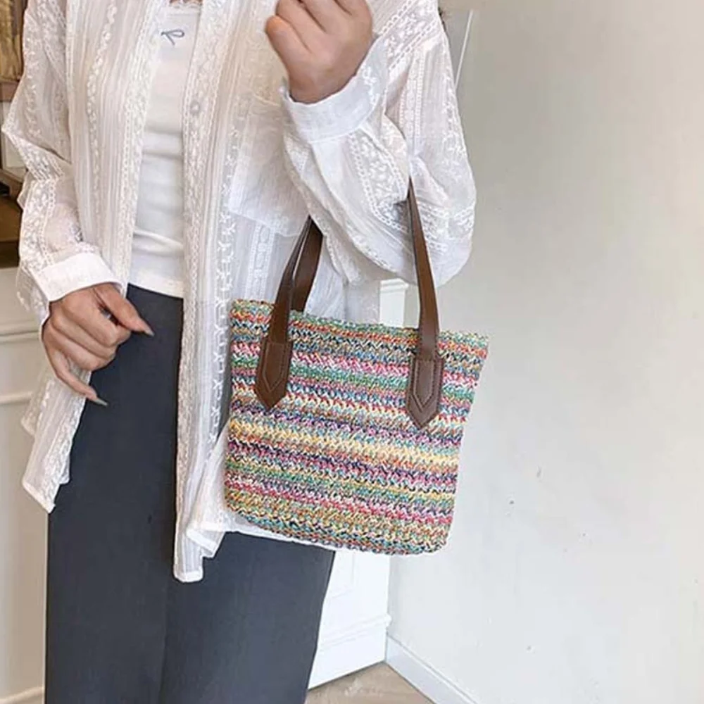 

Storage Bag Elegant Woven Bucket Bag Large Capacity Retro Straw Weaving Handbag Polyester Rainbow Stripes Underarm Pouch School