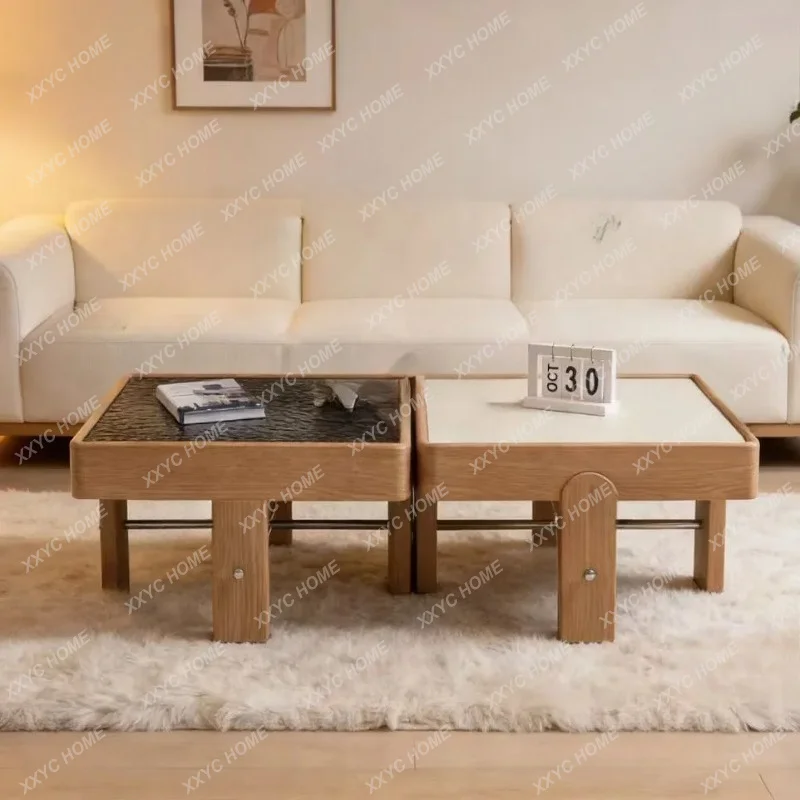 XXsimple wabi-sabi log wind square coffee table water pattern glass microcrystalline stone coffee table combination