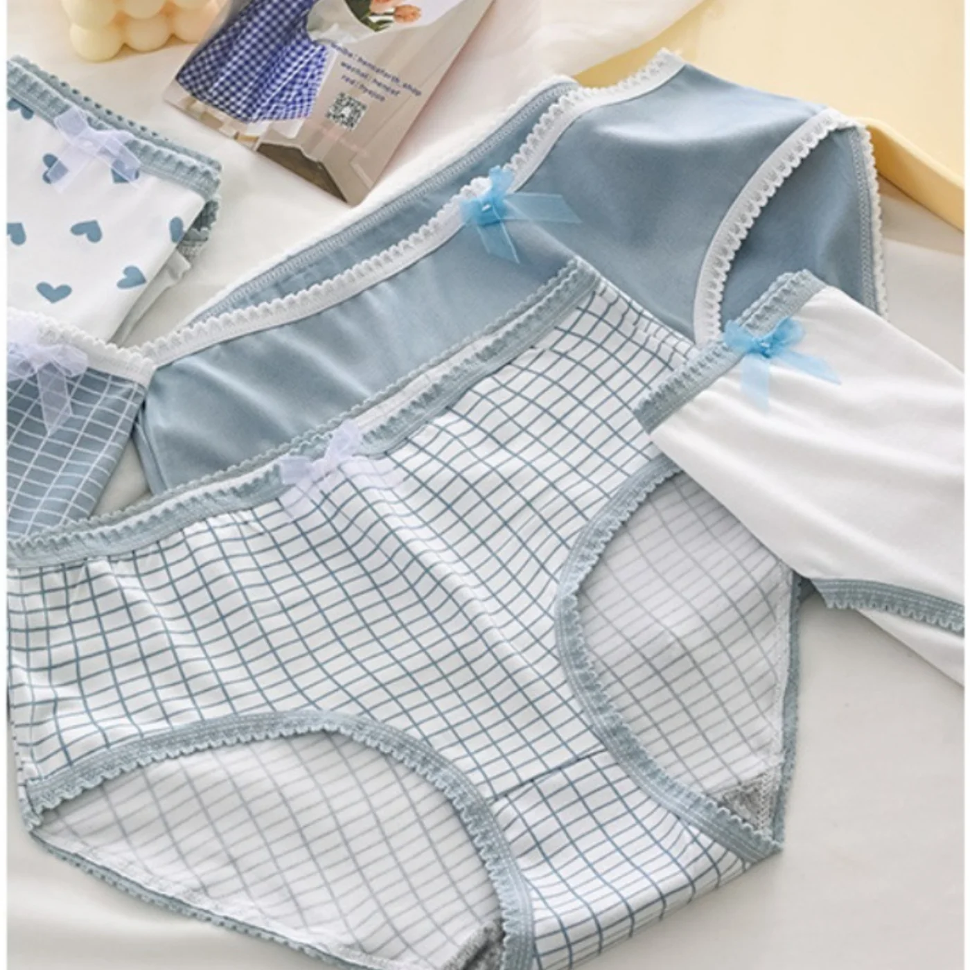 Blue Japanese Style Sweet Cute Girls Mid Waist Underwear Lace Bow Love Plaid Print Skin friendly Comfortable Breathable Briefs