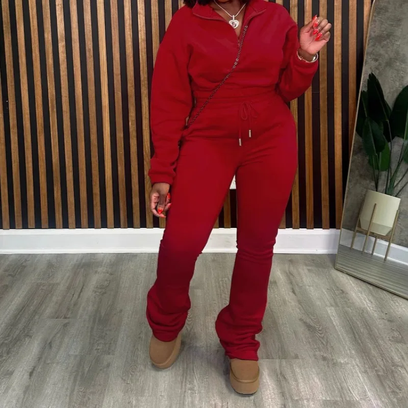 Women Solid Fleece 2 Piece Set Track Suits Fashion Turn Down Collar Zip Long Sleeve Pullover Sweatshirts Crop Top + Sweat Pants