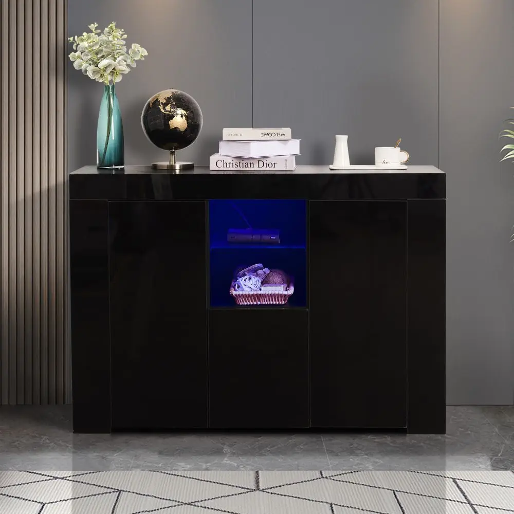 Kitchen Sideboard Cupboard with LED Light, High Gloss Dining Room Buffet Storage Display Cabinet with Drawer and 2 Doors