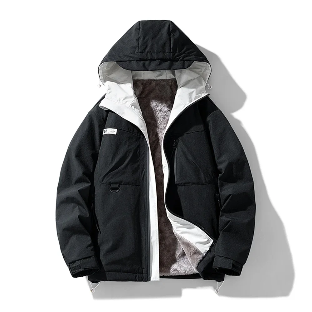Autumn/Winter Fleece-Lined Warm Hooded Jacket Men Plus Size M-8XL Outdoor Sports Windproof Waterproof Thicken Workwear Jackets