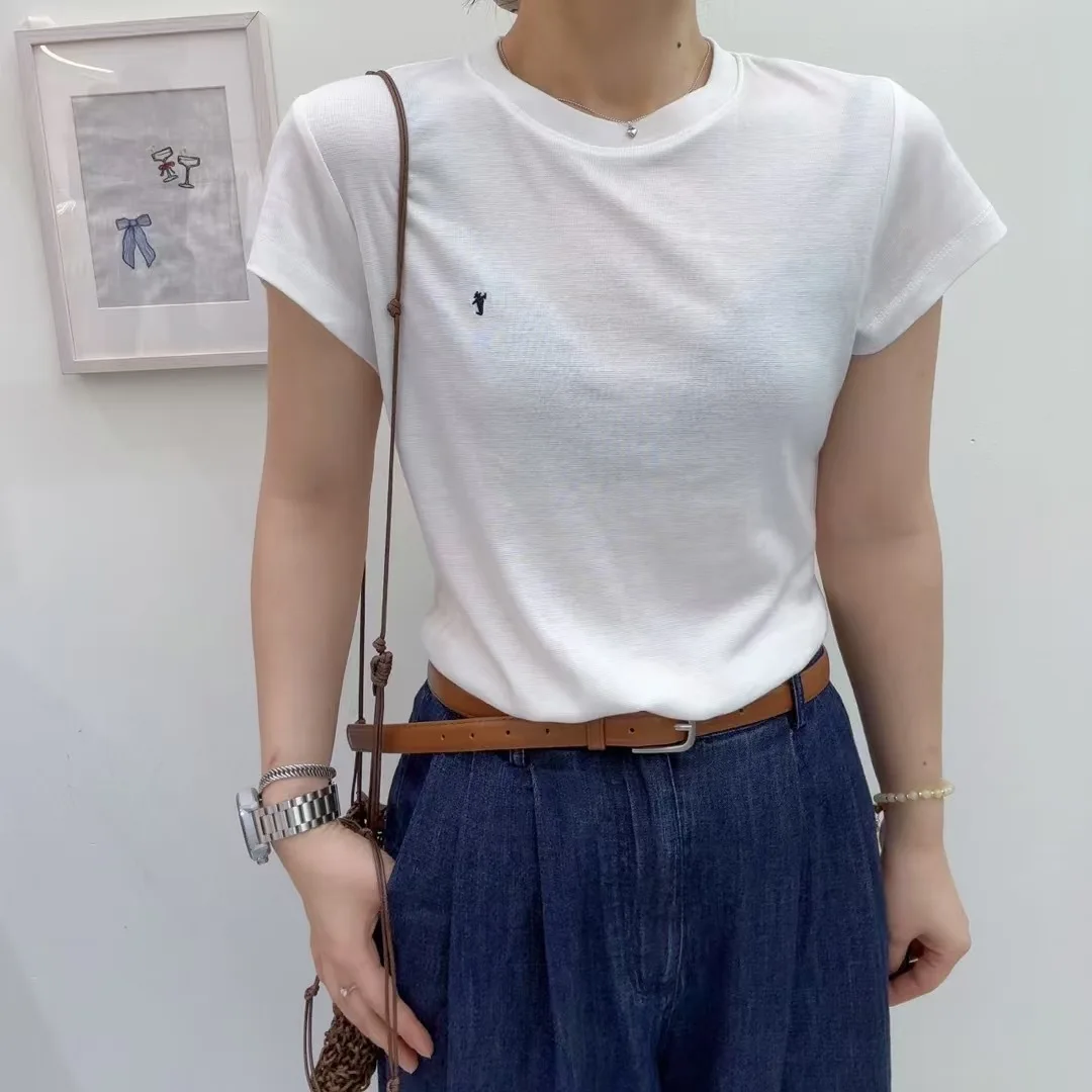 

JTEN, лето 2023, женская свободная футболка круглого цвета Ne ort Sve, модный корейский топ с эластичной вышивкой и вышивкой