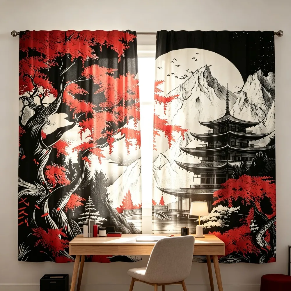 2PCS Digital Print Curtain, Japanese Ukiyo-e Red Maple Pagoda Mountain, Dark Ink Wash Style for Living Room Bedroom Decor