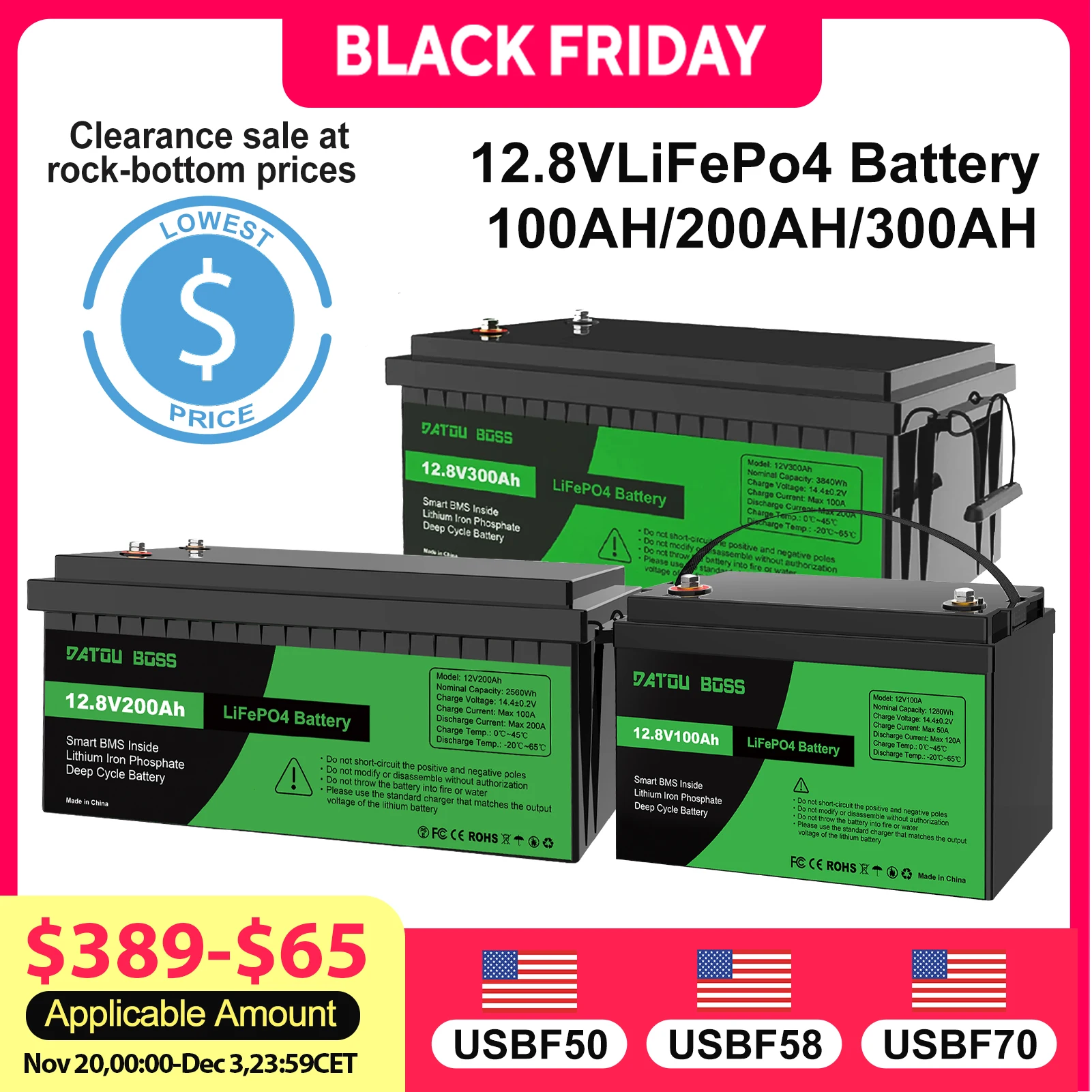 

DATOUBOSS 12V 100AH 200AH 300AH LiFePO4 Lithium Battery Ultra-Fast Charge Continuous Discharge Built-in BMS for Solar RV