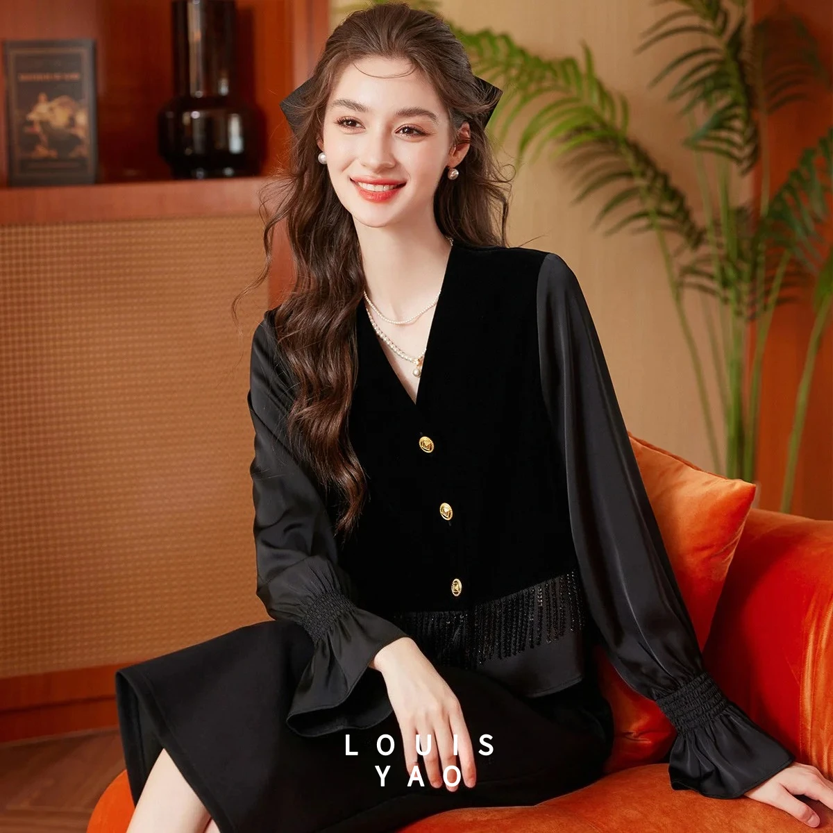 

LOUISYAO Elegant Design Shirt Coat 2025 Autumn V-Neck Contrast Colours Tops Button Detail Fringe Patchwork Women's Shirt