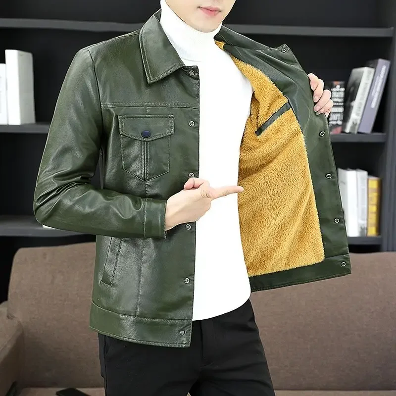 2025 Spring Leather Men's New Lapel Handsome Casual Thin Plus Fleece Coat Young Slim Korean Wear Fashion Trend Zipper Jacket