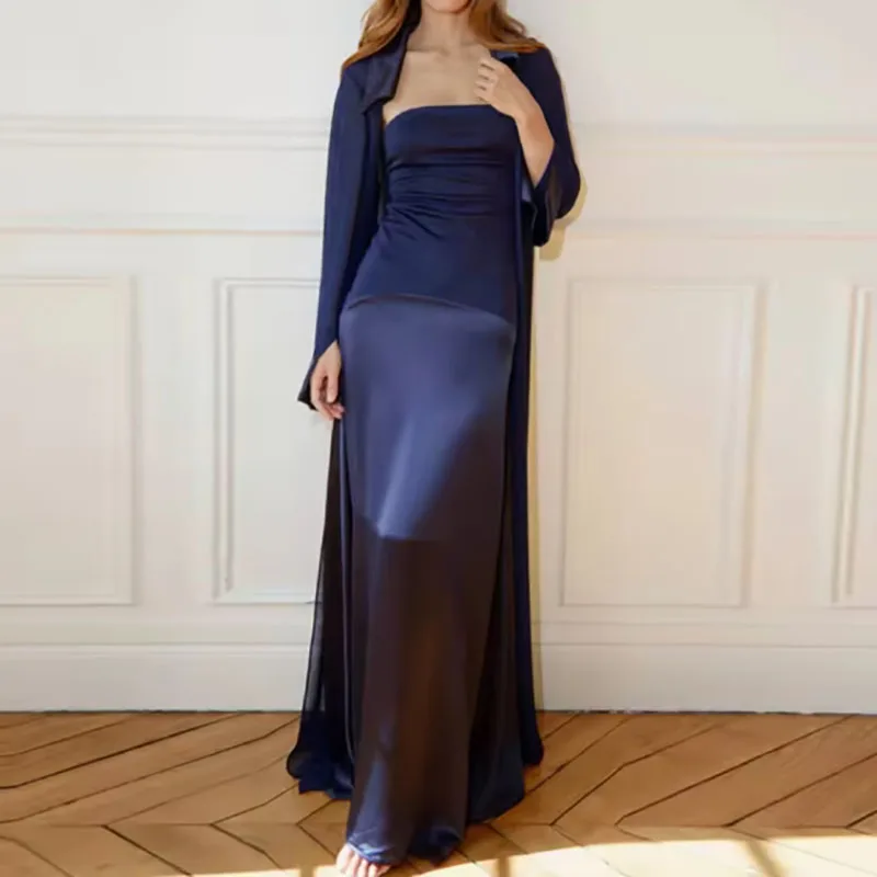 

Women Casual Long Sleeved Suits Sexy Tube Tops Strapless with Chiffon Coat Set 2026 Fashion Perspective Slim Fit Holiday Outfits