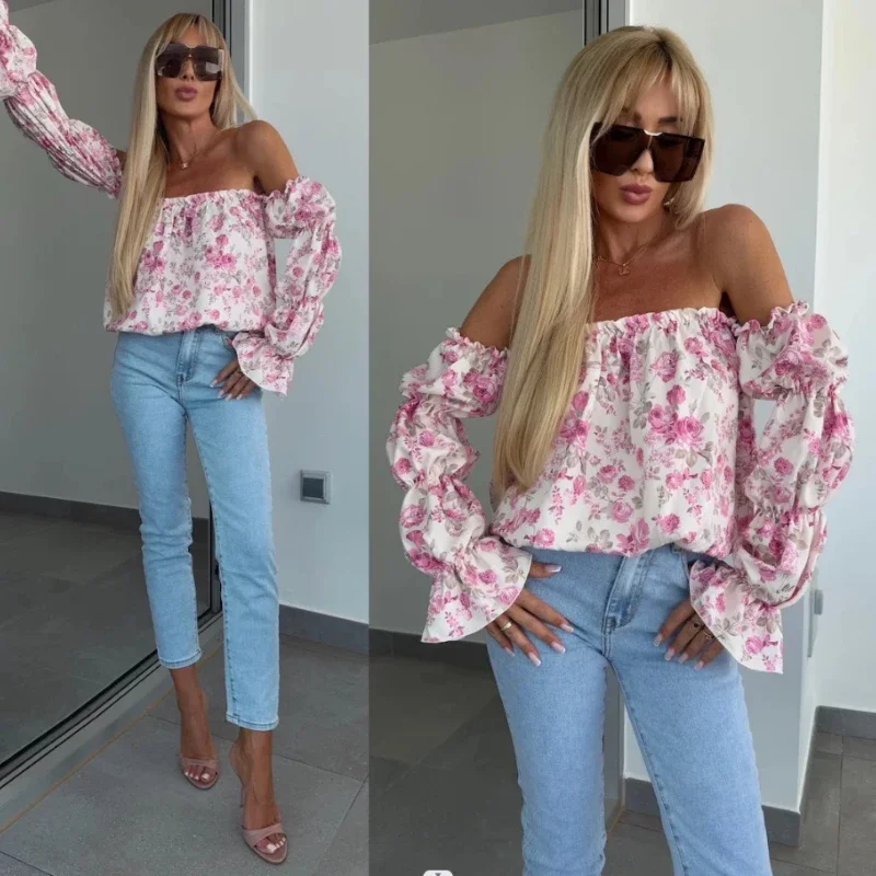 Floral Print Sexy Off-Shoulder Shirts Women Elegant Fashion Pleated Beach Summer Blouses For Women Slash Neck Ruffles Tops
