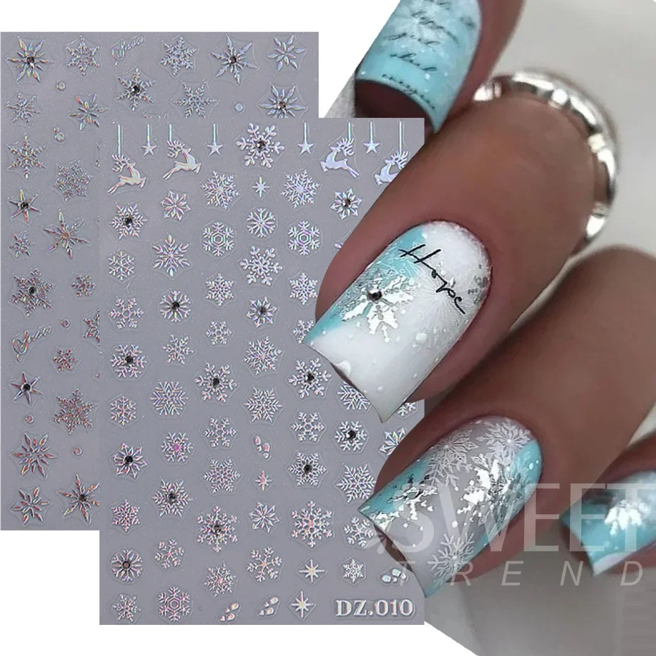 5D Sneeuwvlok Winter Nagelsticker Met Strass Wit Zwart Goud Elanden DIY Kerst Xmas Decal Slider Manicure Kunst Decoratie