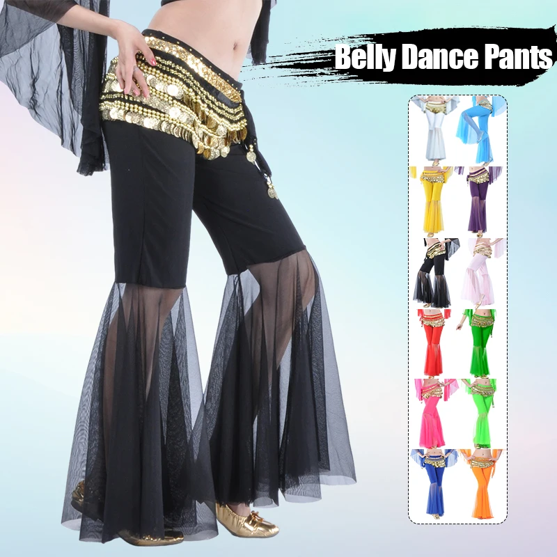 Women Sexy Professional Belly Dance Pants Mesh Lace Bottoms Bollywood Indian Dance Costumes Tribal Belly Dance Flares Pants