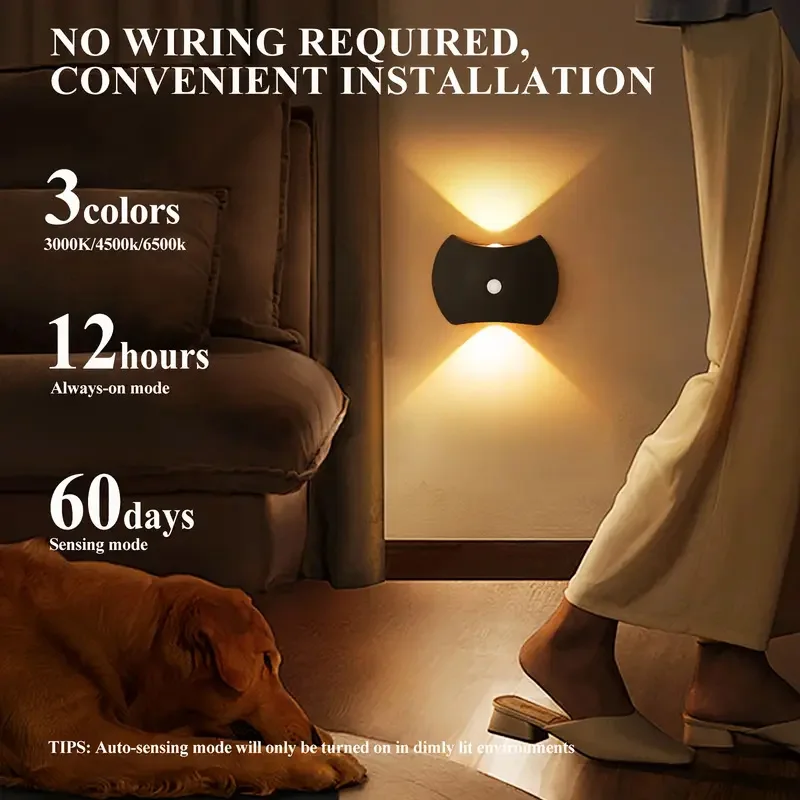 

2 modern minimalist wooden wall lights, equipped with motion sensors - USB charging, polished metal surface, space themed design