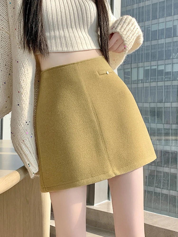 레트로 하이웨이스트 슬림핏 울 스커트 여성 겨울 신상 슬레 랩어라운드 스커트 힙 커버 A라인 스커트