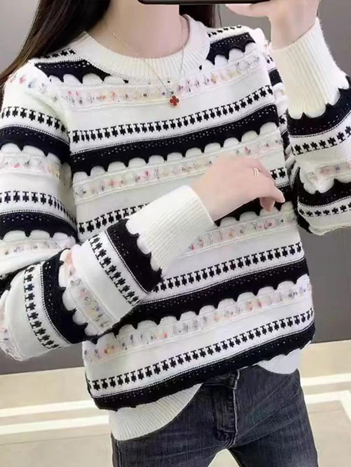 Women's Casual Patchwork Rib Knit Sweater Long Sleeve Crew Neck Fitting Slim Autumn Daily Fashion Top