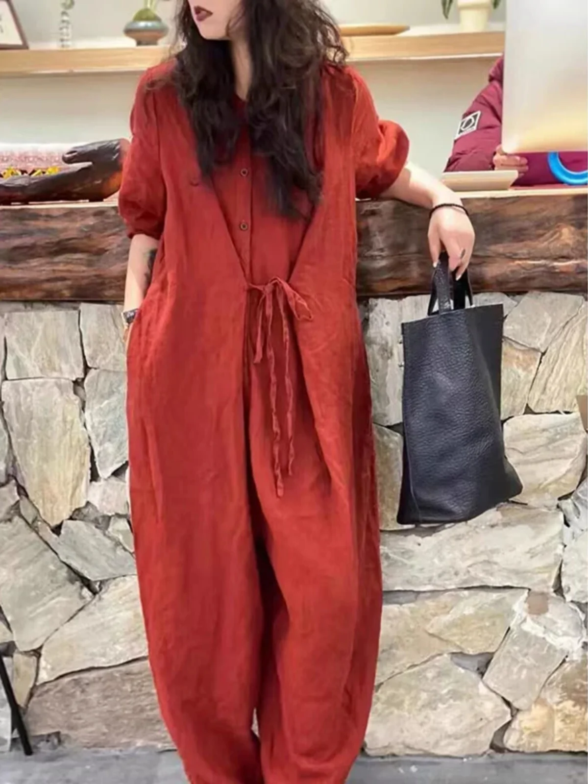 Retro Japanese Style Workwear Jumpsuit Women's Spring Autumn Loose Slimming Casual Wide Leg Belted One-Piece Dress