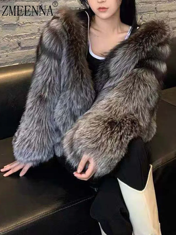 ZMEENNA Temperament Hooded Long Sleeve Warm Faux Fur Coat For Women Casual Zipper Lady Thick Jacket 2024 Autumn Winter New ZM602