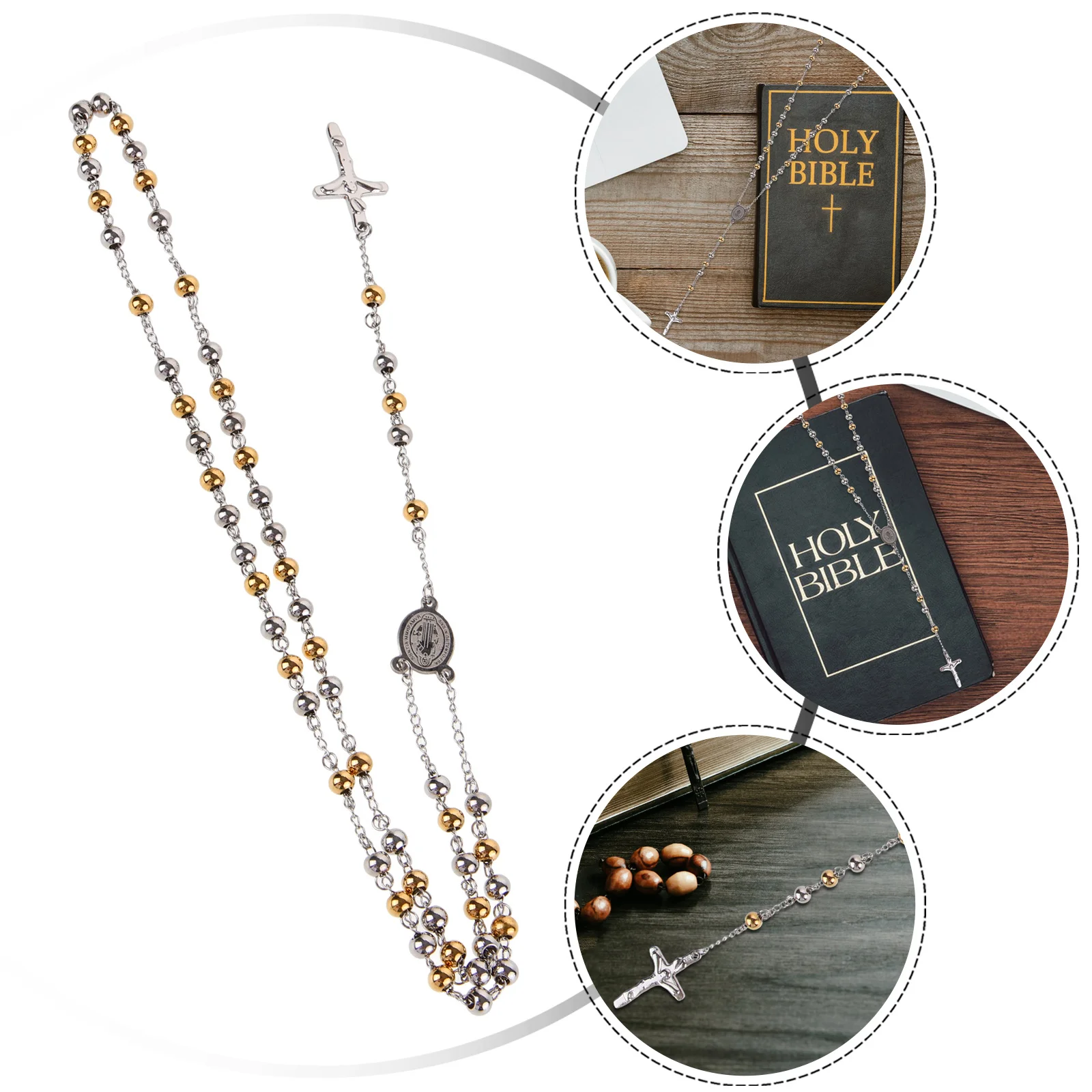 

Rosary Necklace Stainless Steel Cross Pendant Beaded Chain Prayer Jewelry for Women Party Gift Fashion Accessories
