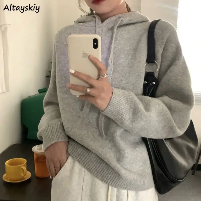 

Вязаные пуловеры с капюшоном, женские свободные винтажные свитера Ulzzang, повседневная уличная одежда, теплая модная осенняя мягкая нежная шикарная одежда для девочек
