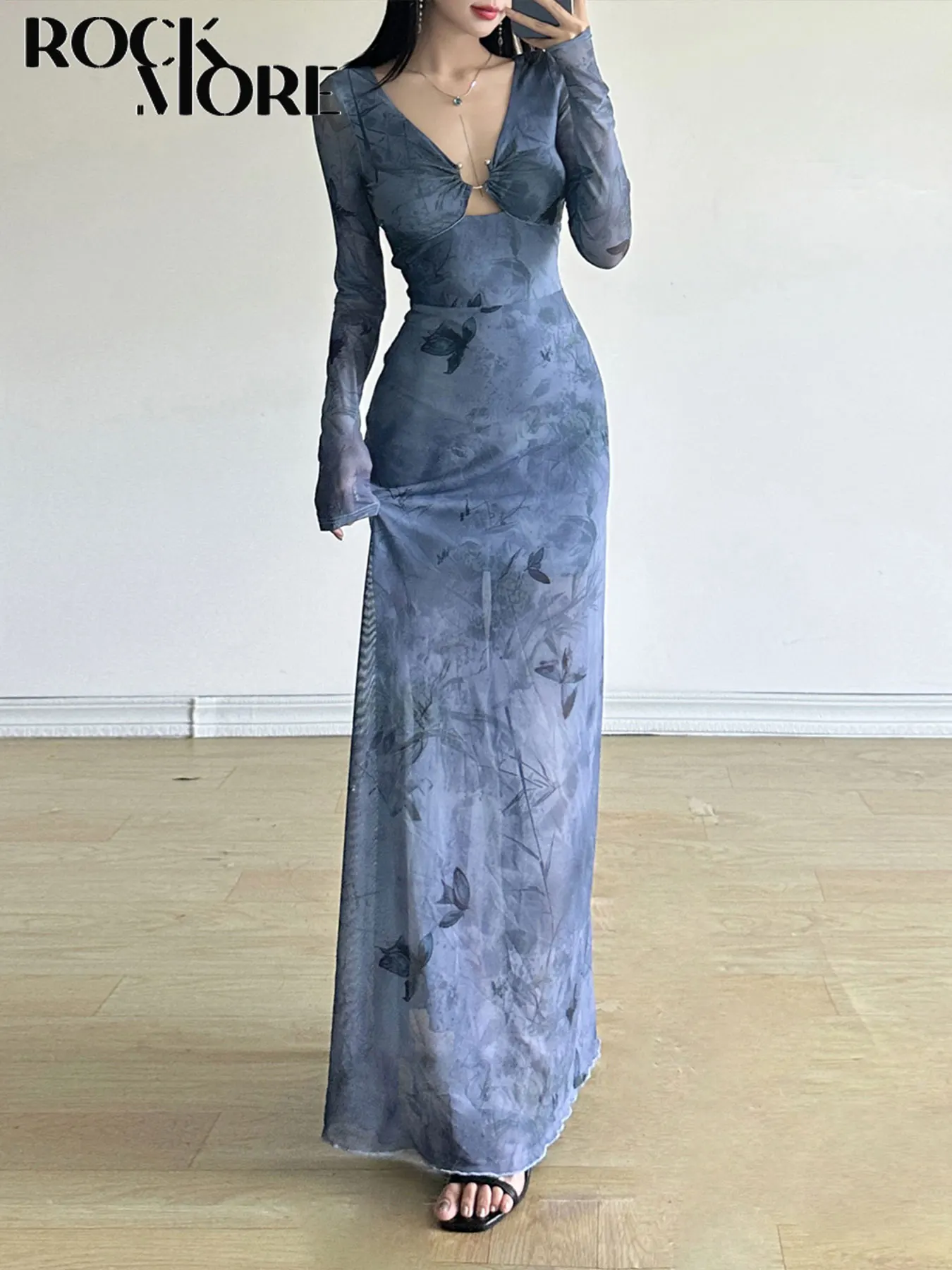 Rockmore Elegant Floral Butterfly Print Dress Sexy See Through Mesh Blue Korean Fashion Vintage Chic Long Sleeve Dresses Women