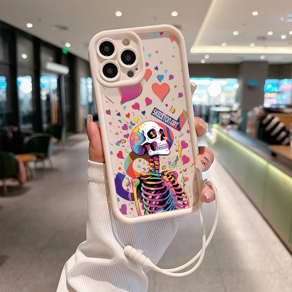 Colorful Heart Shape Skeleton Phone Case for IPhone 15 14 13 12 11 Pro Max XR XS X 7 8 Plus Soft TPU Back Cover With Hand Strap