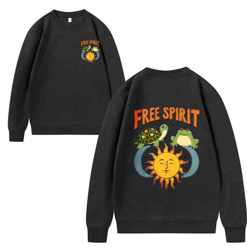 Men's Sweatshirt Black Free Spirit Turtle Frog Sun Graphic Print for Casual Wear