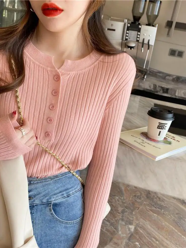 Knitted Women Sweater O-neck Button Pullovers Spring Autumn Basic Sweaters for Female Pullover Slim Solid Bold Stripes Tops