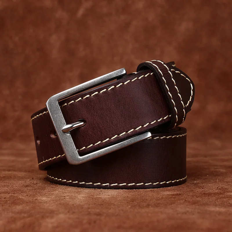 3.8CM wide retro top layer cowhide stainless steel buckle belt men's genuine leather pin buckle versatile casual jeans belt