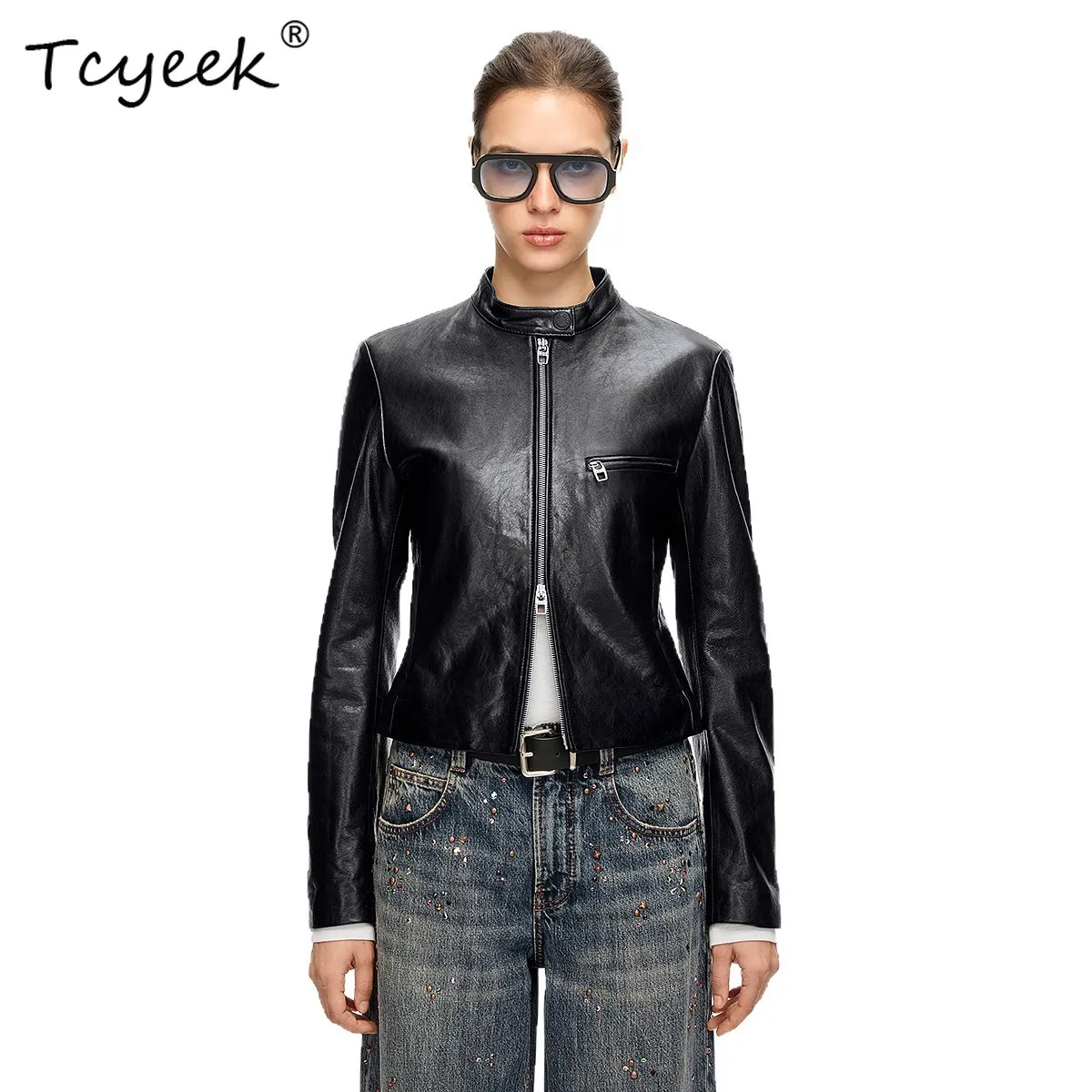Tcyeek Real Leather Jacket Women Clothing Black Autumn Coats Fashion Sheepskin Coat for Woman Slim Fit Stand Jaqueta De Couro