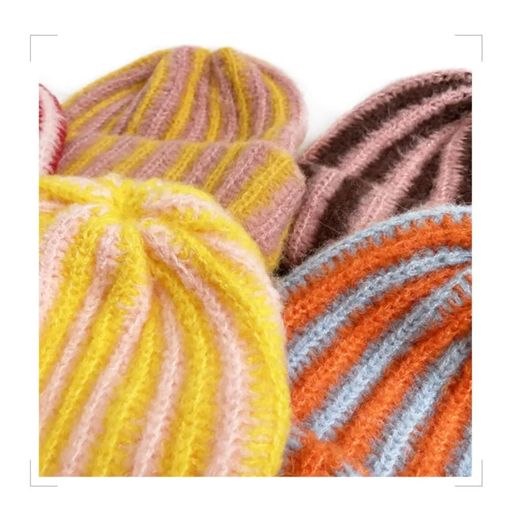 New Striped Knitted Beanie Cap Windproof Pullover Cold Proof Warm Hat Flanged Design Outdoor Cycling Knitted Hat Autumn Winter
