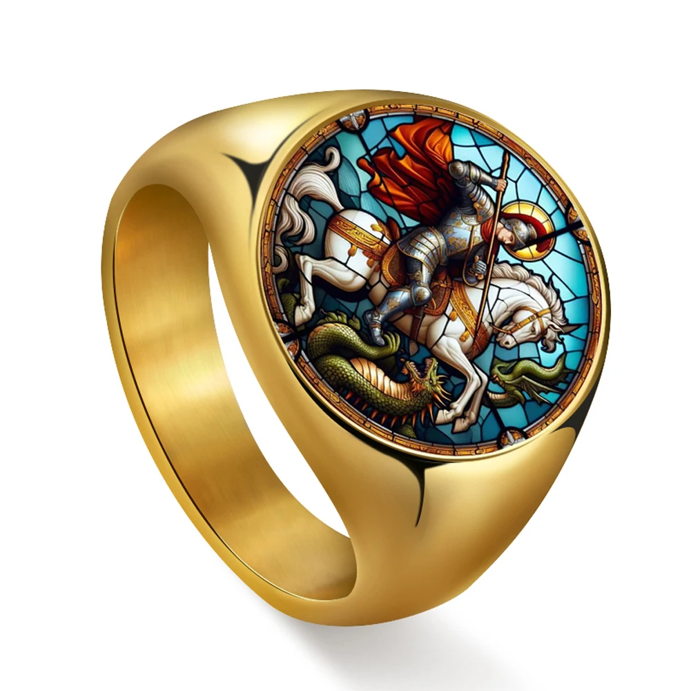 Vintage Saint George Men Ring Colorful UV Carved Pattern Rings Religious Protection Talisman Catholic Jewelry Stainless Steel