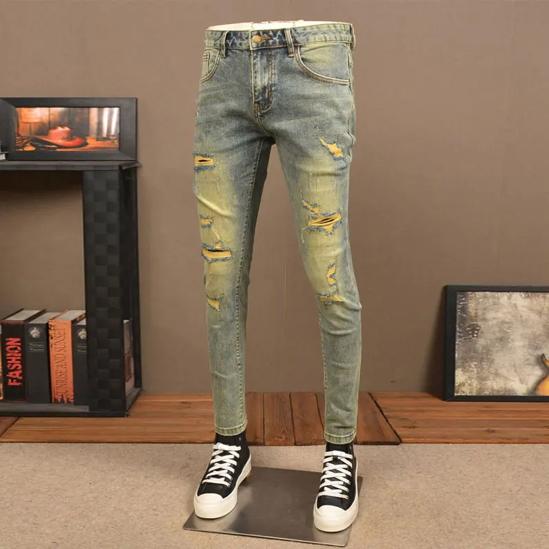 Homens retro lavado jeans rasgado, calça lápis, azul, stretch, ajuste magro, buraco, vintage, designer, hip hop, moda de rua