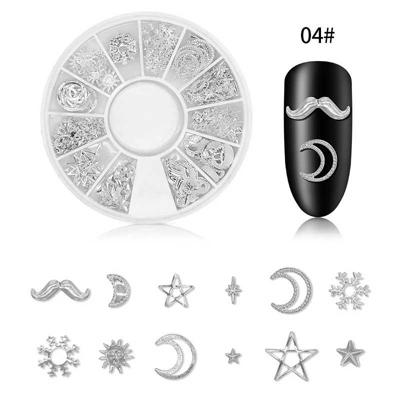 12 Girds Silver Metal Nail Studs Alloy Mixed Moon Star 3d Nail Charms Metallic Slice Rivet DIY Manicure Nail Art Decorations