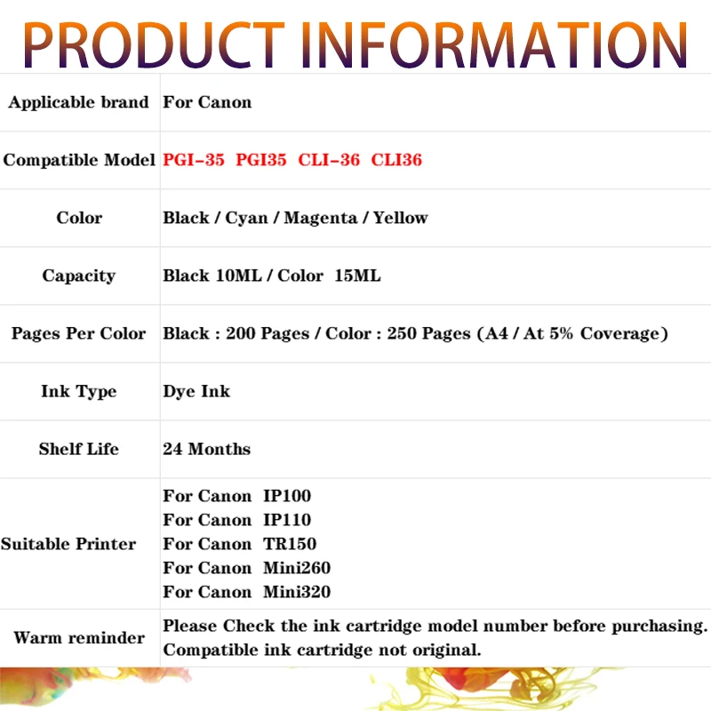 PGI-35 PGI35 CLI-36 CLI36 картридж для Canon PGI-35 PGI35 совместимый с принтером Canon IP100 IP110 TR150 Mini260 Mini320