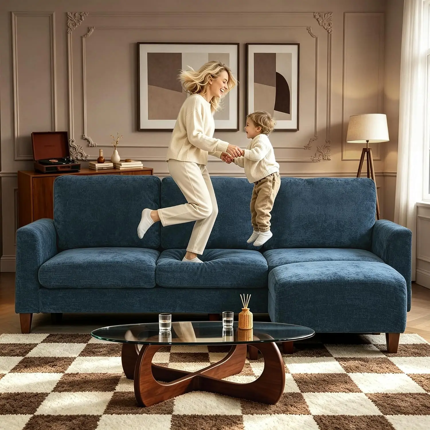 3-Seat Sectional Sofa With Movable Ottoman, Blue, Customized