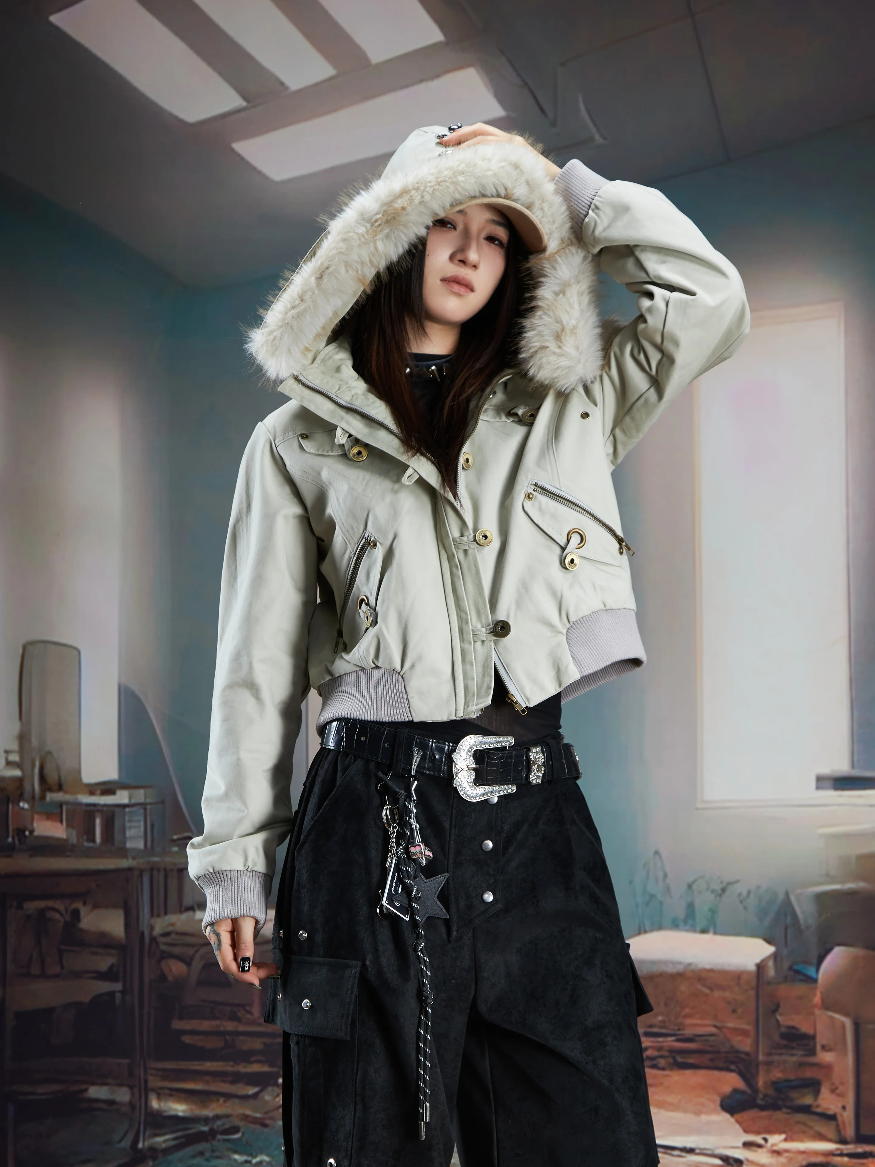 Detachable Furry Hooded Light Punk Super Short Jacket Coat Zipper Trendy Cool Women's