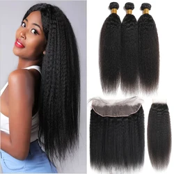 Fasci di capelli lisci crespi con fasci di capelli umani naturali frontali con chiusura fasci di capelli brasiliani con frontale in pizzo