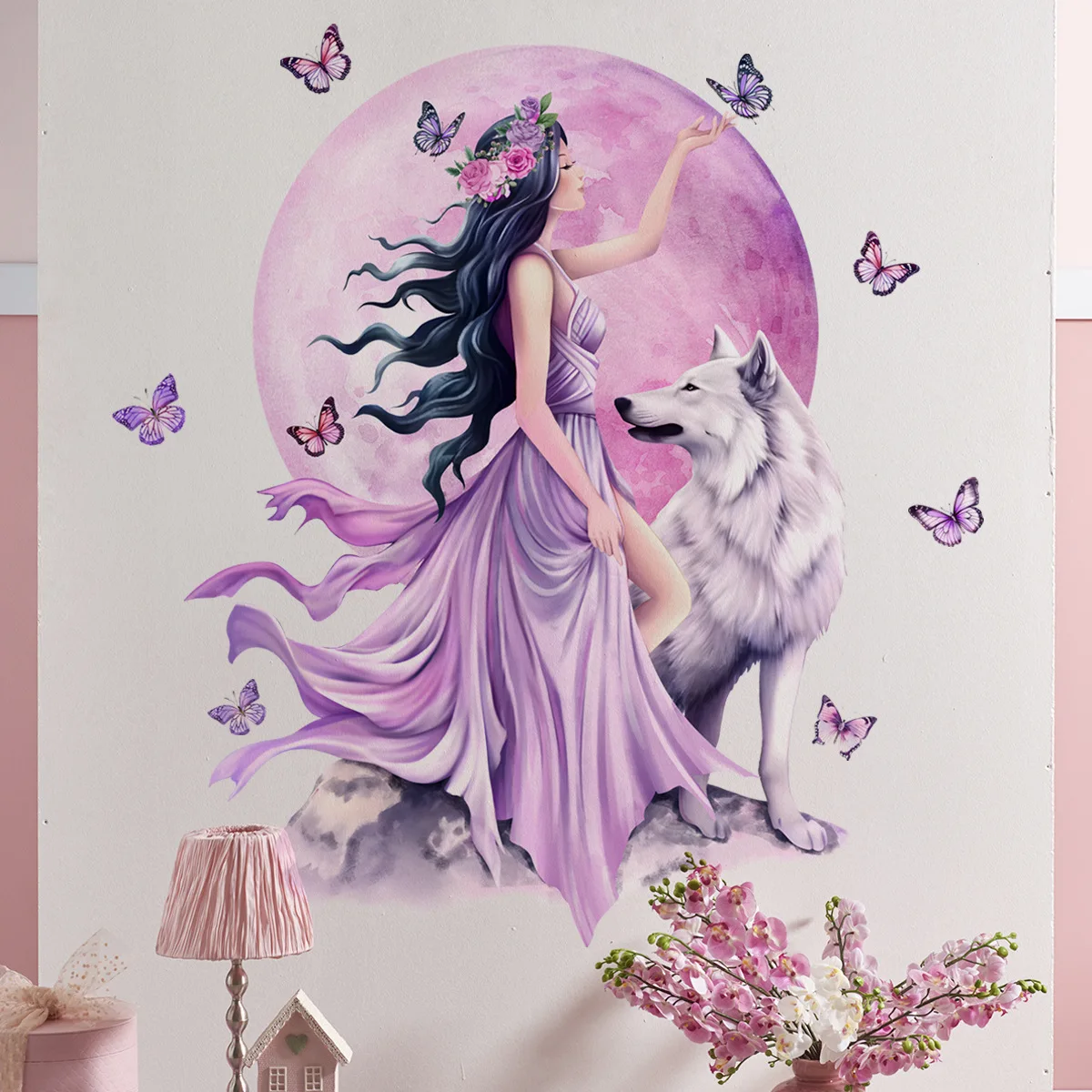 Creative Wolf and beauty butterfly home decoration wall stickers girls bedroom children room wall stickers self-adhesive conveni