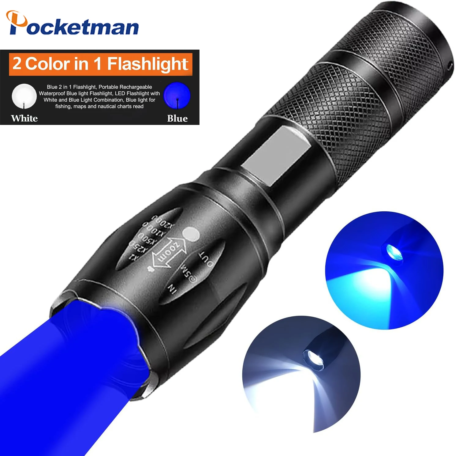2-in-1 flashlight Blue & White light - dual light Flashlight for blood tracking, Camping, Emergency and rechargeable torch