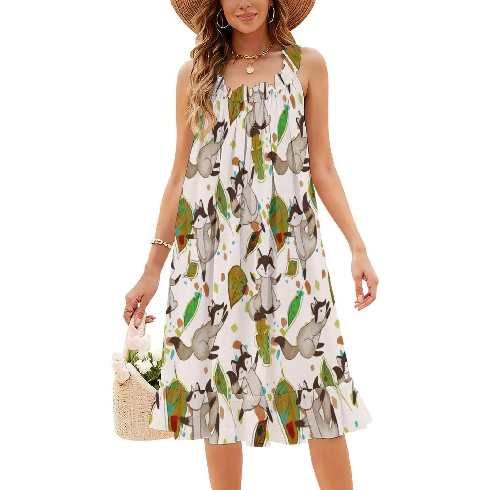 Vestido informal de estilo coreano de zorro dulce para mujer, vestidos sencillos de oficina para uso diario, patrón de animales, patrón bonito de animales para mujer