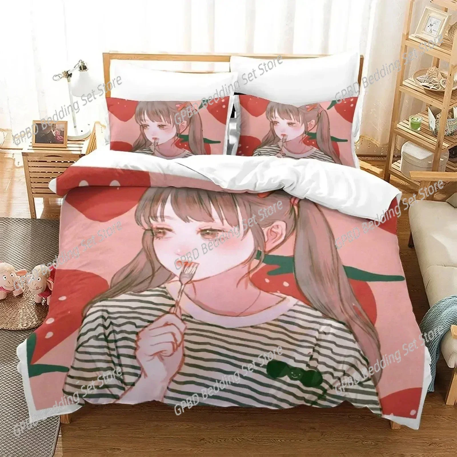3D Print  Anime Aesthetic Girl Art Strawberry Comfortable Duvet Quilt Cover Pillowcase Bedding Set Children Bedroom Decoration
