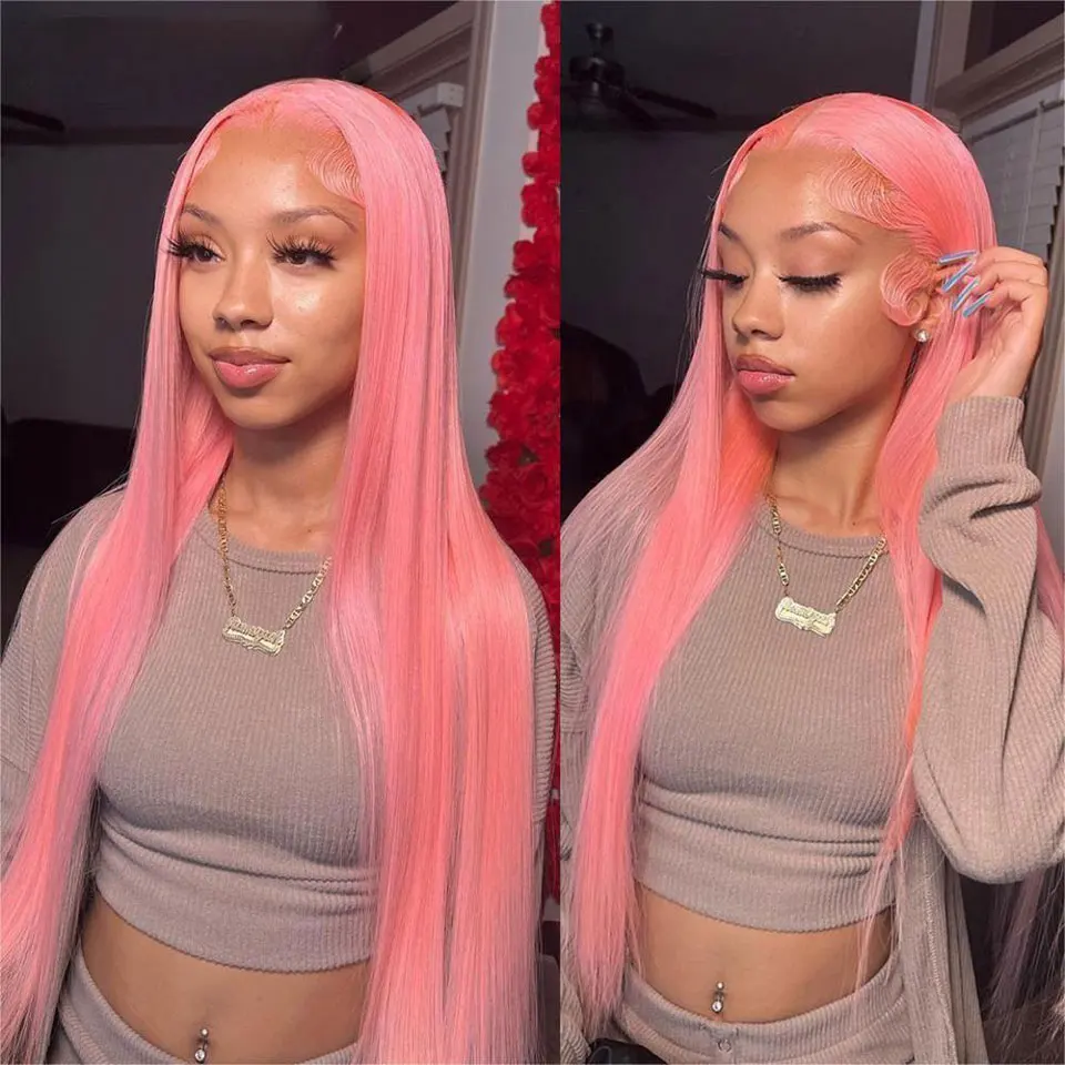 

Brazilian Colored Human Hair Wig 200 Density Pink Long Straight Transparent Lace Frontal Wigs For Women Wear And Go Pre Plucked