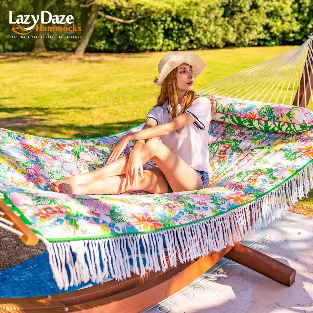 Hammocks 12 FT Double Layered Quilted Fabric Hammock Swing with Pillow and Carrying Bag, Elegant Tassels and Spread Bar|