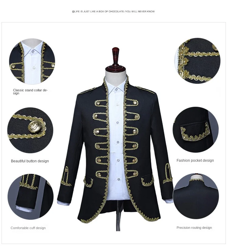 Men Court Clothing European Retro Man Wedding Costume Male Host Bar Clothes Jacket + Pants Groom Formal Uniform Black White Red